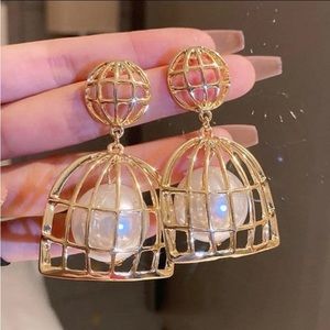 GOLD FASHION FAUX PEARL BIRD CAGE DROP EARRINGS